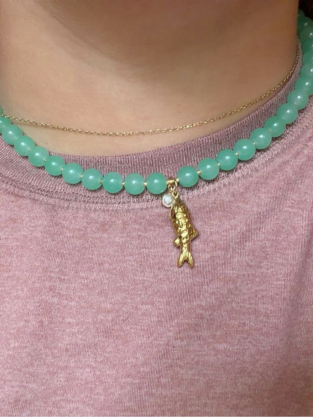 Handmade Gold Fish Charm light green Bead Necklace - Women